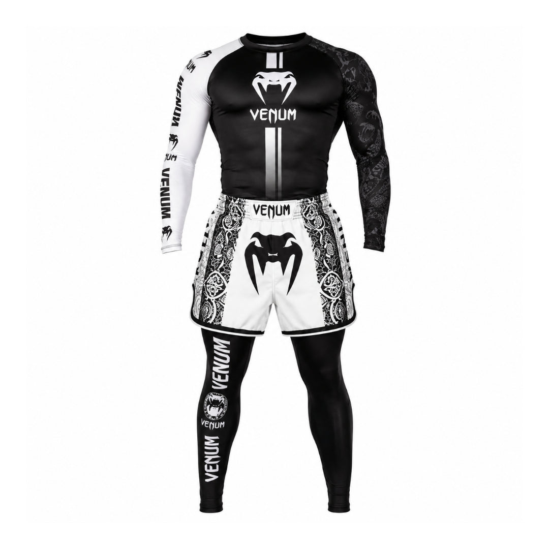 Rashguard T-shirt+Shorts 3pcs/set White Muay Thai Suit Bjj Kickboxing Men Gym Competition Sport Training Combat Wear