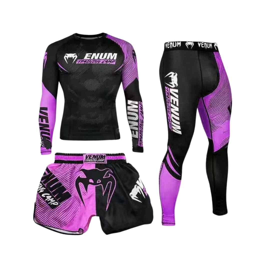 Rashguard T-shirt+Shorts 3pcs/set MuayThai Suit Combat Wear Pink