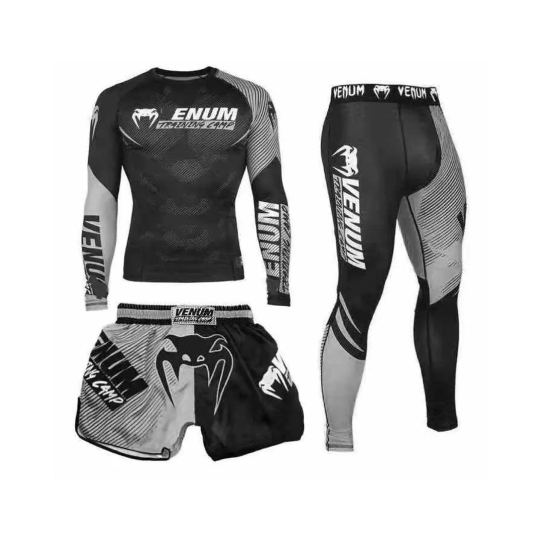 Rashguard T-shirt+Shorts 3pcs/set Muay Thai Suit Bjj Kickboxing Men Gym Competition Sport Training Combat Wear