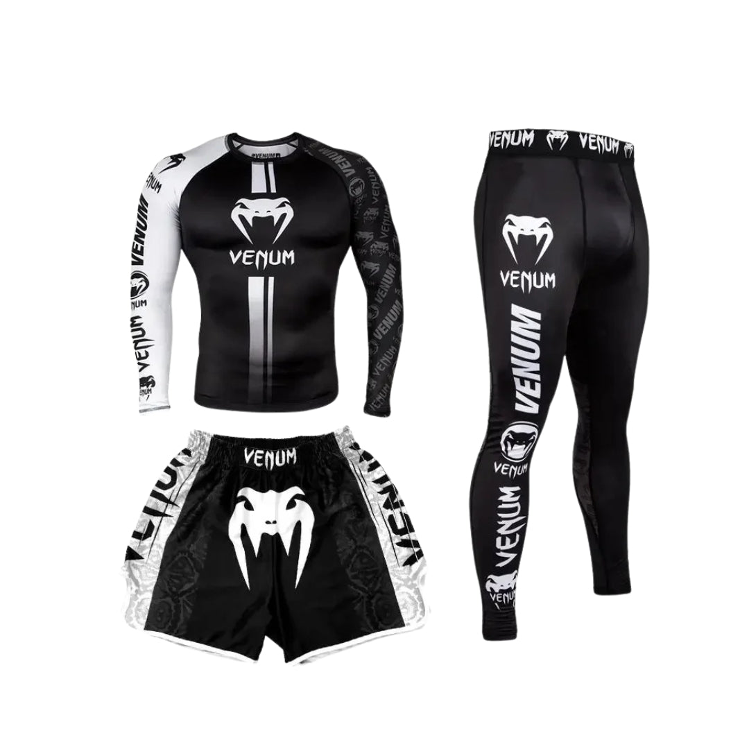 Rashguard T-shirt+Shorts 3pcs/set White Muay Thai Suit Bjj Kickboxing Men Gym Competition Sport Training Combat Wear