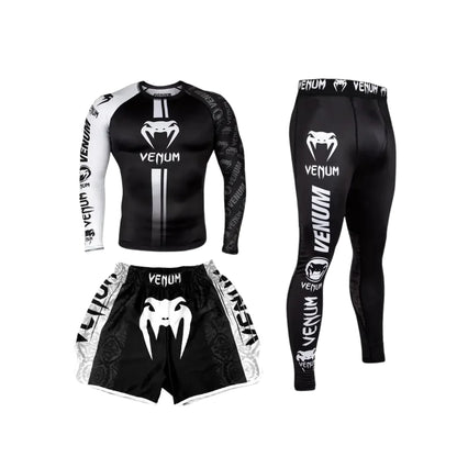 Rashguard T-shirt+Shorts 3pcs/set White Muay Thai Suit Bjj Kickboxing Men Gym Competition Sport Training Combat Wear