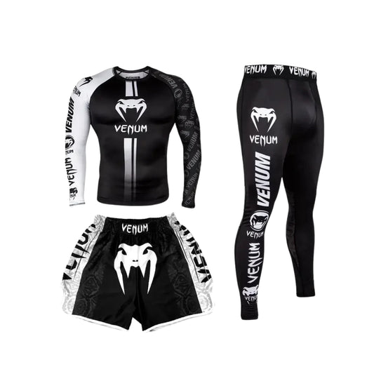 Rashguard T-shirt+Shorts 3pcs/set White Muay Thai Suit Bjj Kickboxing Men Gym Competition Sport Training Combat Wear