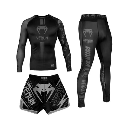 Rashguard T-shirt+Shorts 3pcs/set MuayThai Suit  Combat Wear Full BLACK