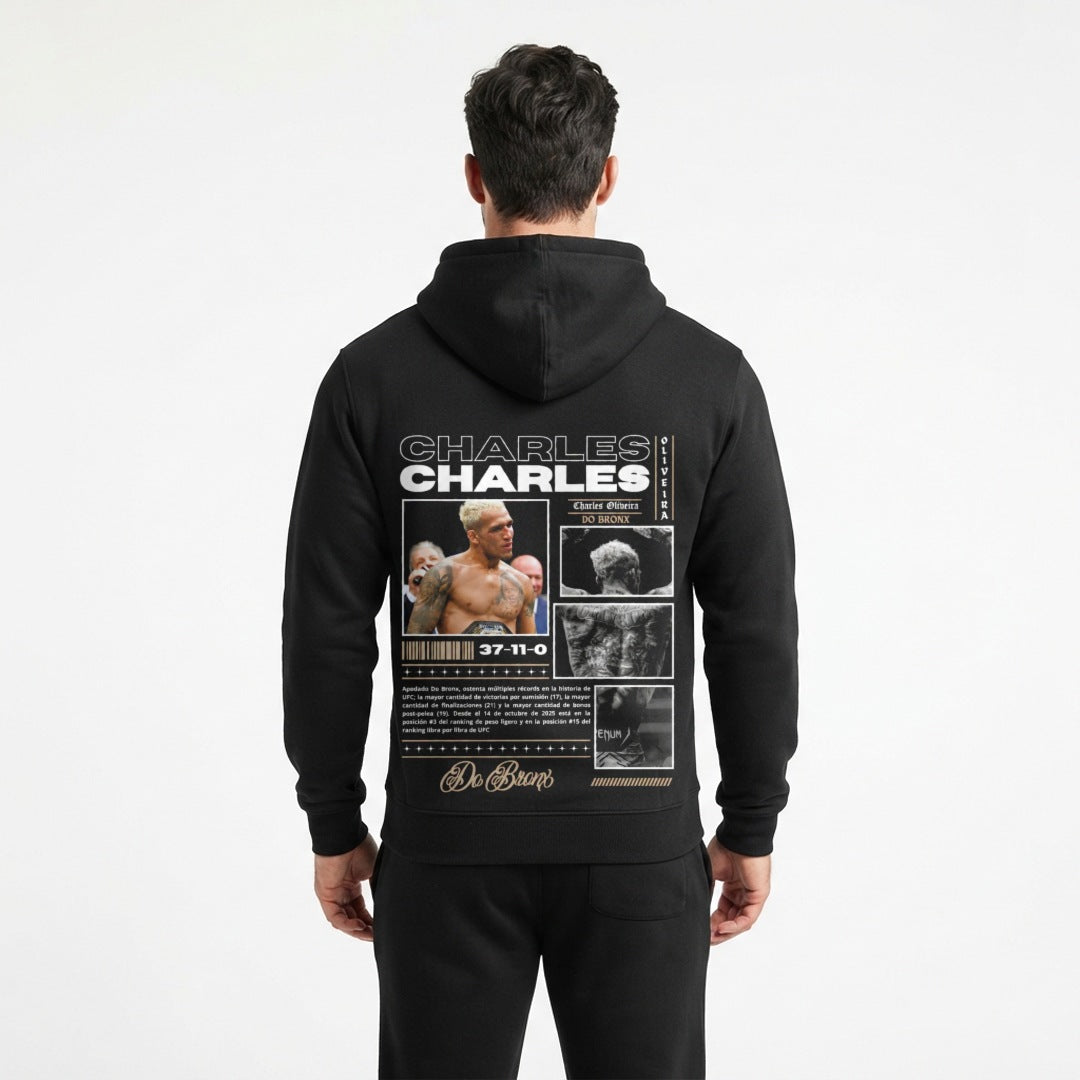 Charles Oliveira oversized tribute hoodie in black, back print, on a model