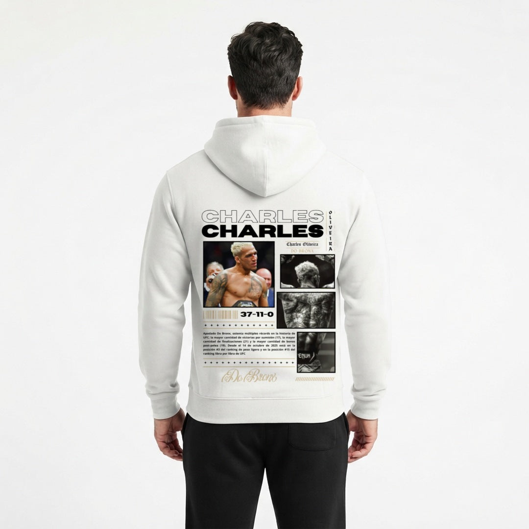 Charles Oliveira oversized tribute hoodie in white, back print, on a model