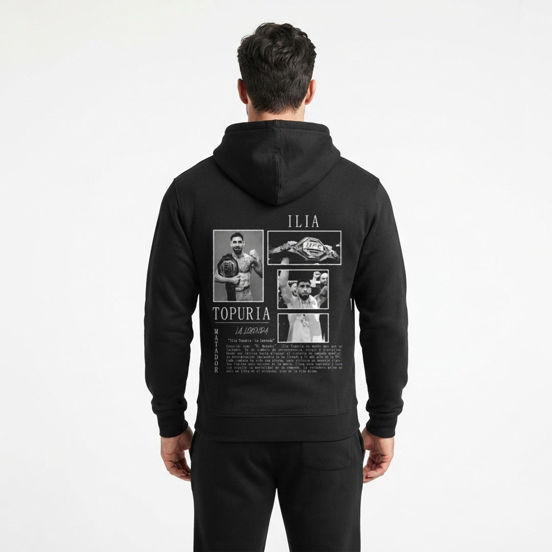 Ilia Topuria oversized tribute hoodie in black, back print, on a model