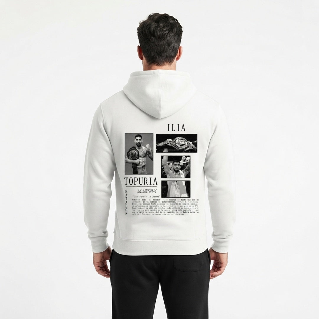 Ilia Topuria oversized tribute hoodie in white, back print, on a model