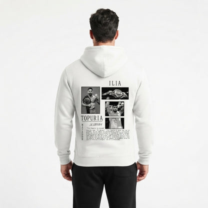 Ilia Topuria oversized tribute hoodie in white, back print, on a model