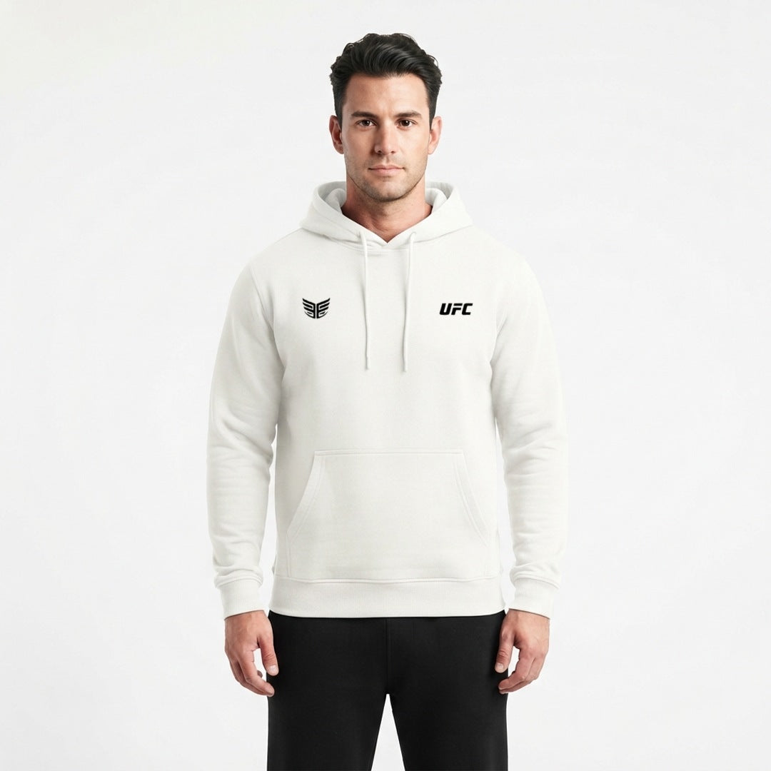 Ilia Topuria oversized tribute hoodie in white, front, on a model