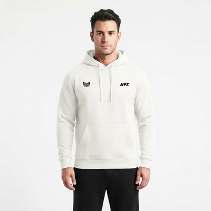 Ilia Topuria oversized tribute hoodie in white, front, on a model
