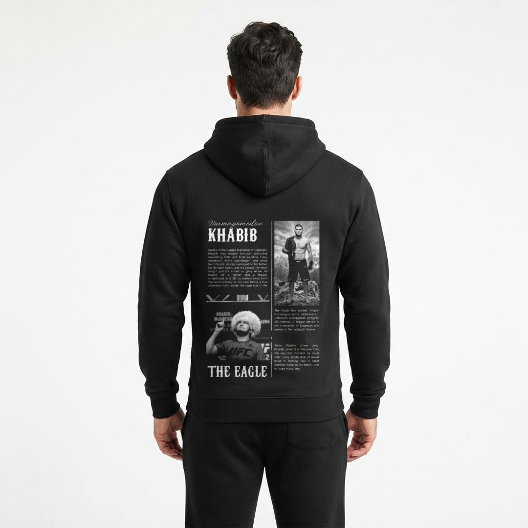 Khabib The Eagle oversized tribute hoodie in black, back print, on a model