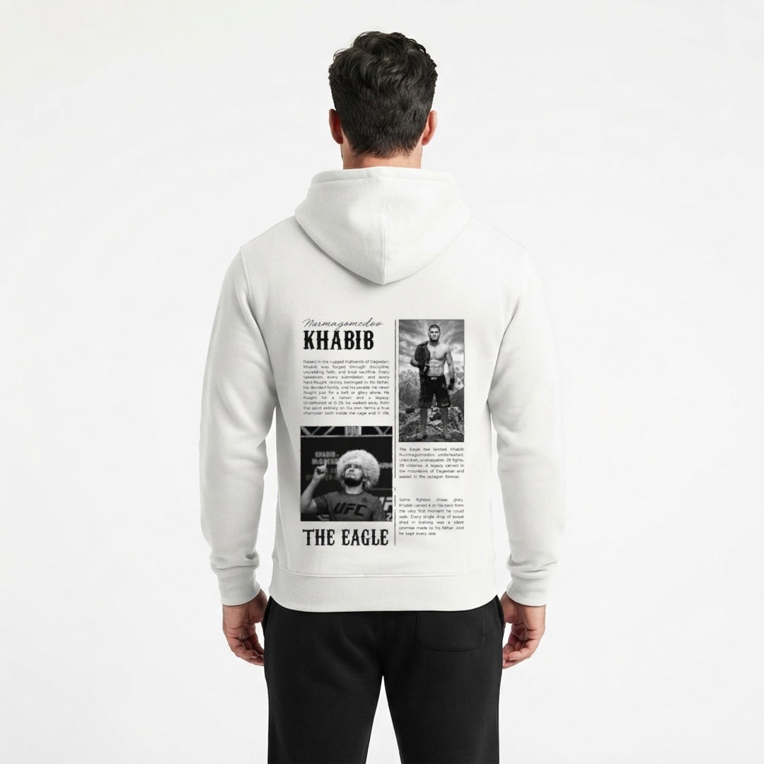 Khabib The Eagle oversized tribute hoodie in white, back print, on a model