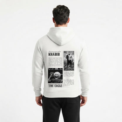 Khabib The Eagle oversized tribute hoodie in white, back print, on a model