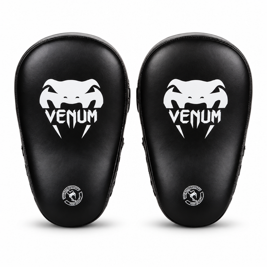 Venum boxing pads focus mitts in black, pair, front view