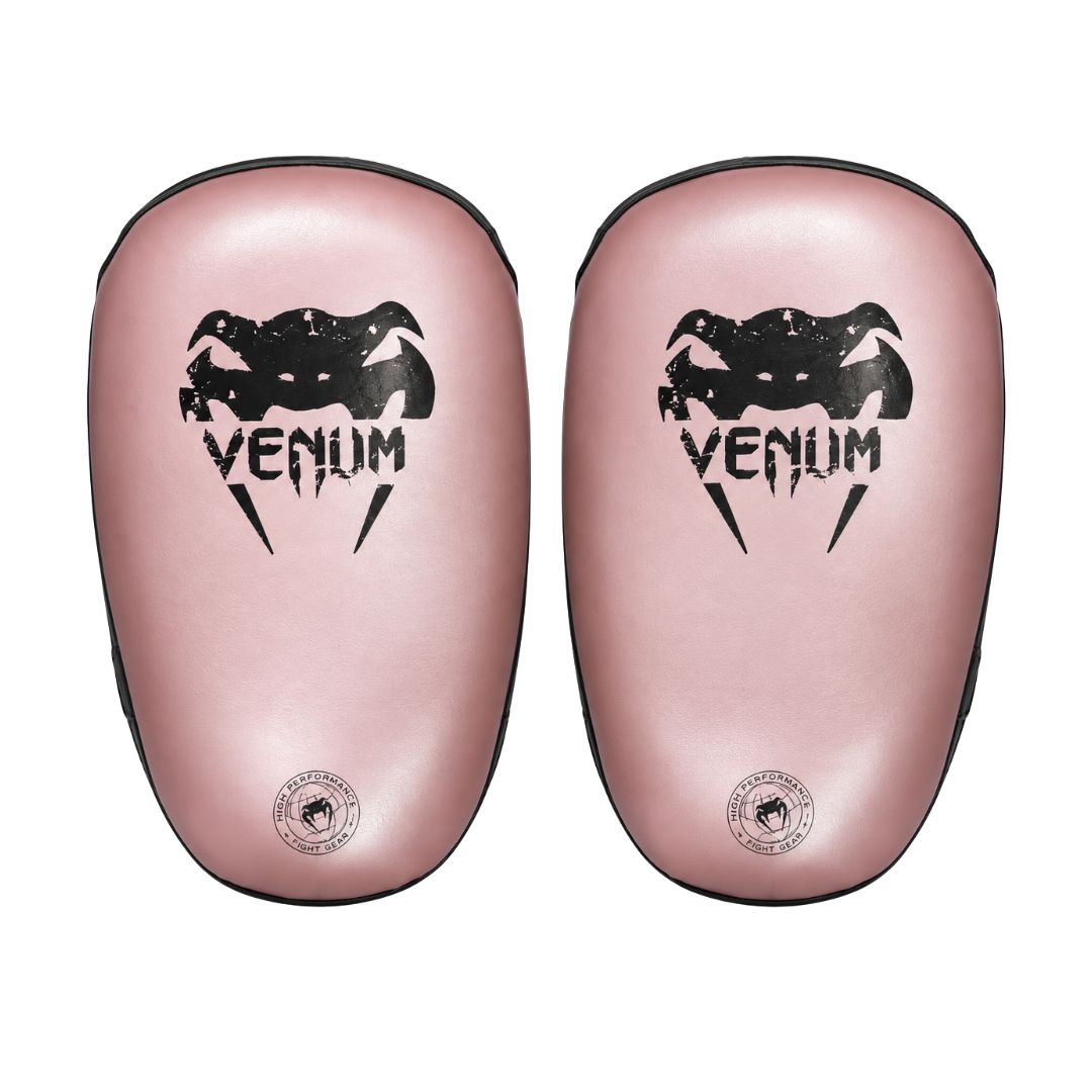 Venum boxing pads focus mitts in pink with black trim, pair, front view