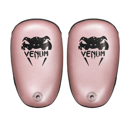 Venum boxing pads focus mitts in pink with black trim, pair, front view