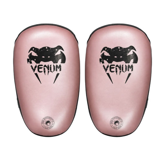 Venum boxing pads focus mitts in pink with black trim, pair, front view