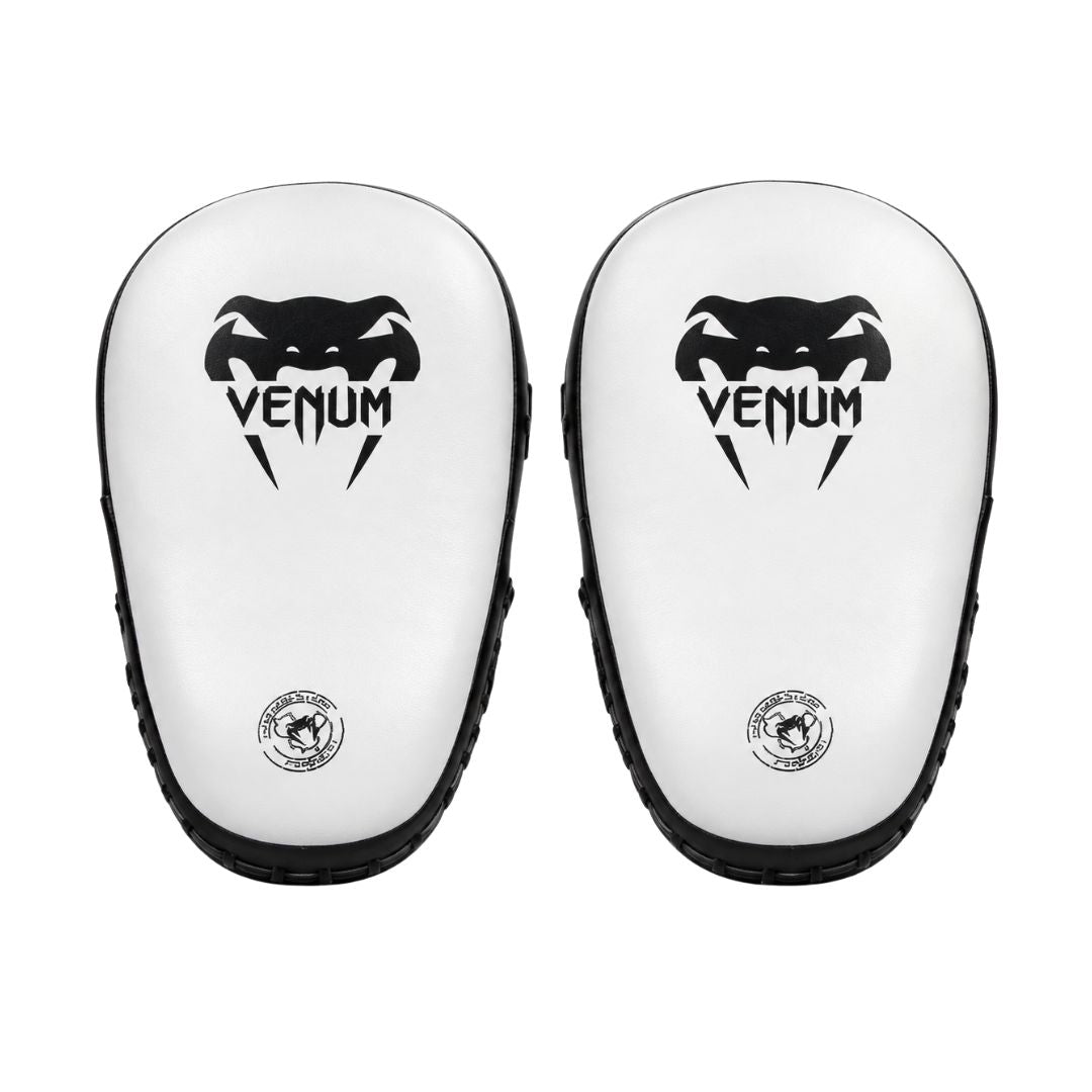 Venum boxing pads focus mitts in white with black trim, pair, front view