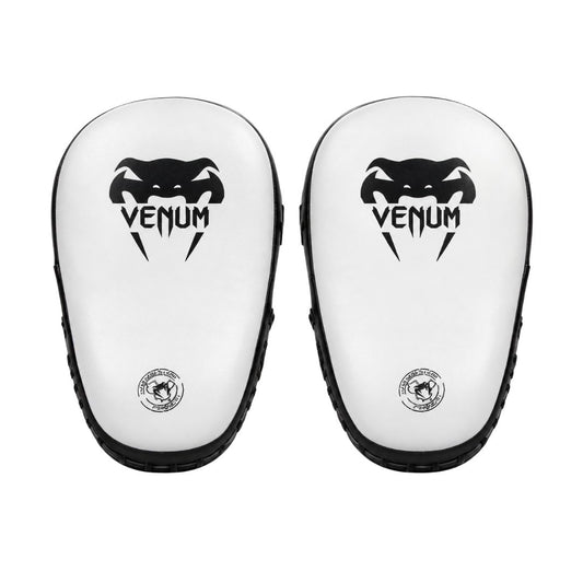 Venum boxing pads focus mitts in white with black trim, pair, front view