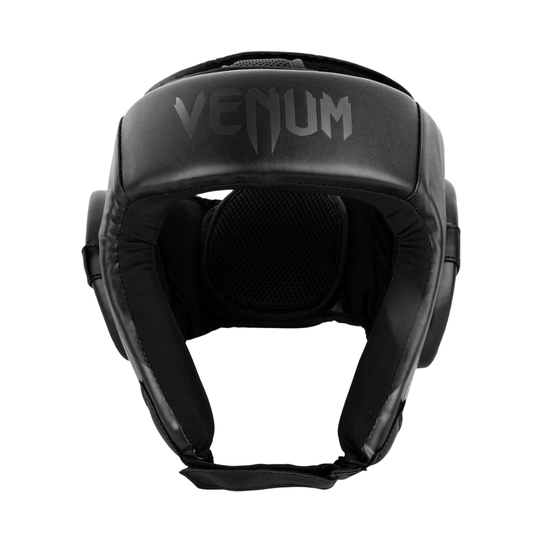 Venum Challenger open face headgear in black, front view
