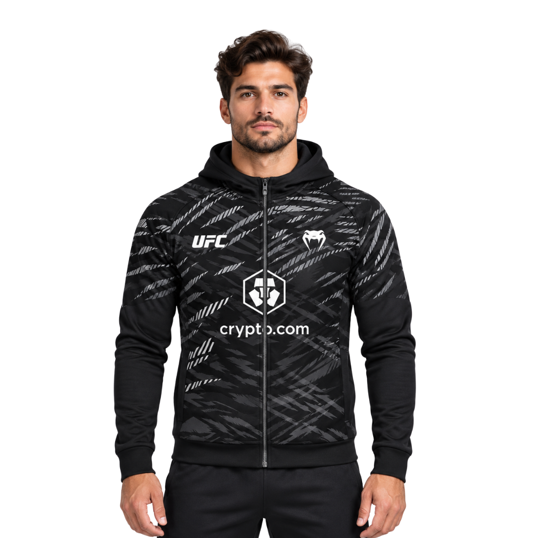 Venum UFC hooded jacket in black camo, worn by a model, front view