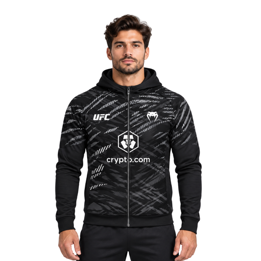 Venum UFC hooded jacket in black camo, worn by a model, front view