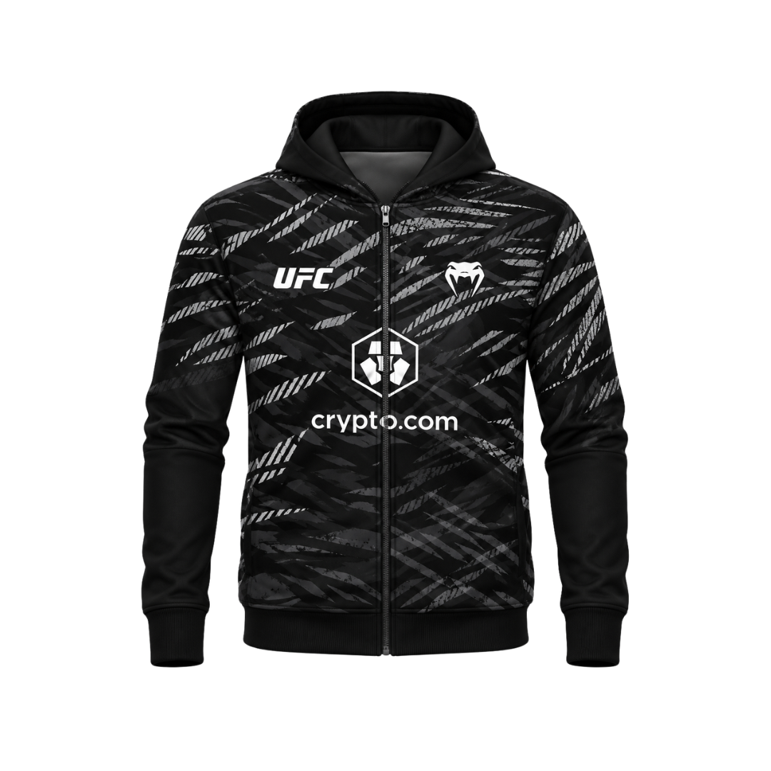 Venum UFC hooded jacket in black camo, front view