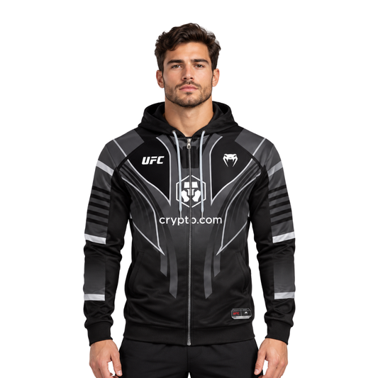 Venum UFC hooded jacket in black and grey, worn by a model, front view